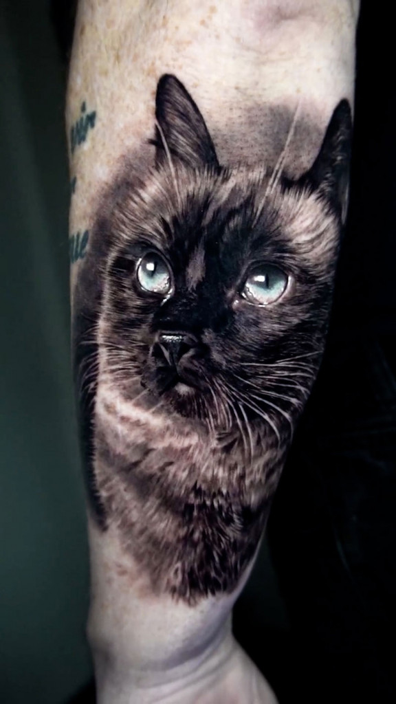 Tatouage de chat siamois en noir et gris